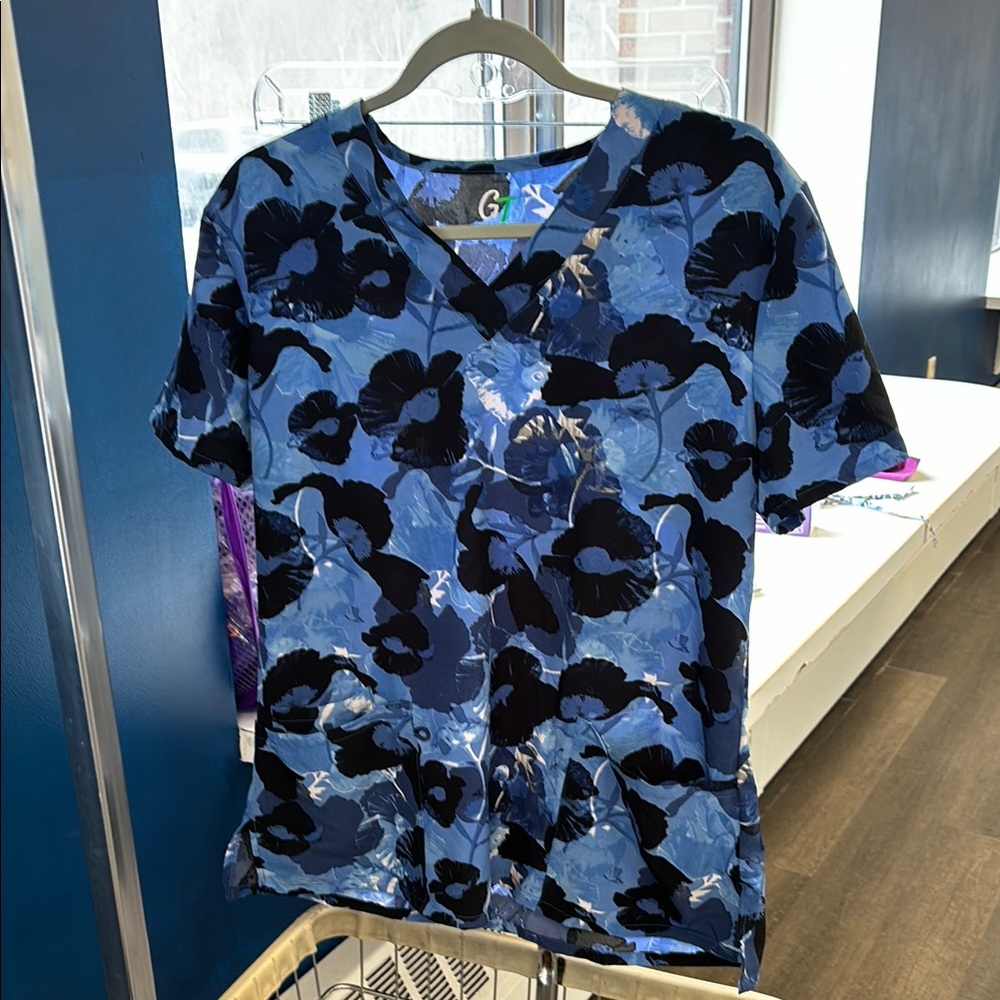Blue and Black Floral Scrub Top